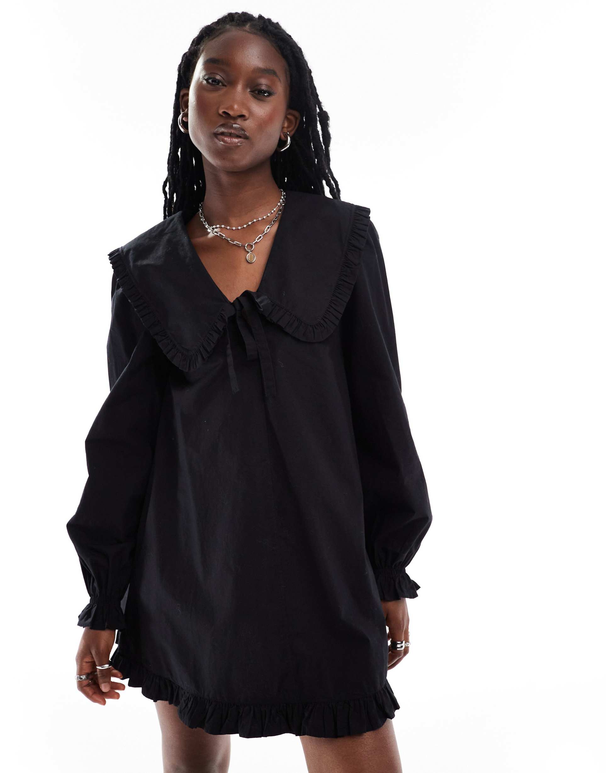 monki mini dress with tie collar and ruffle hem in black