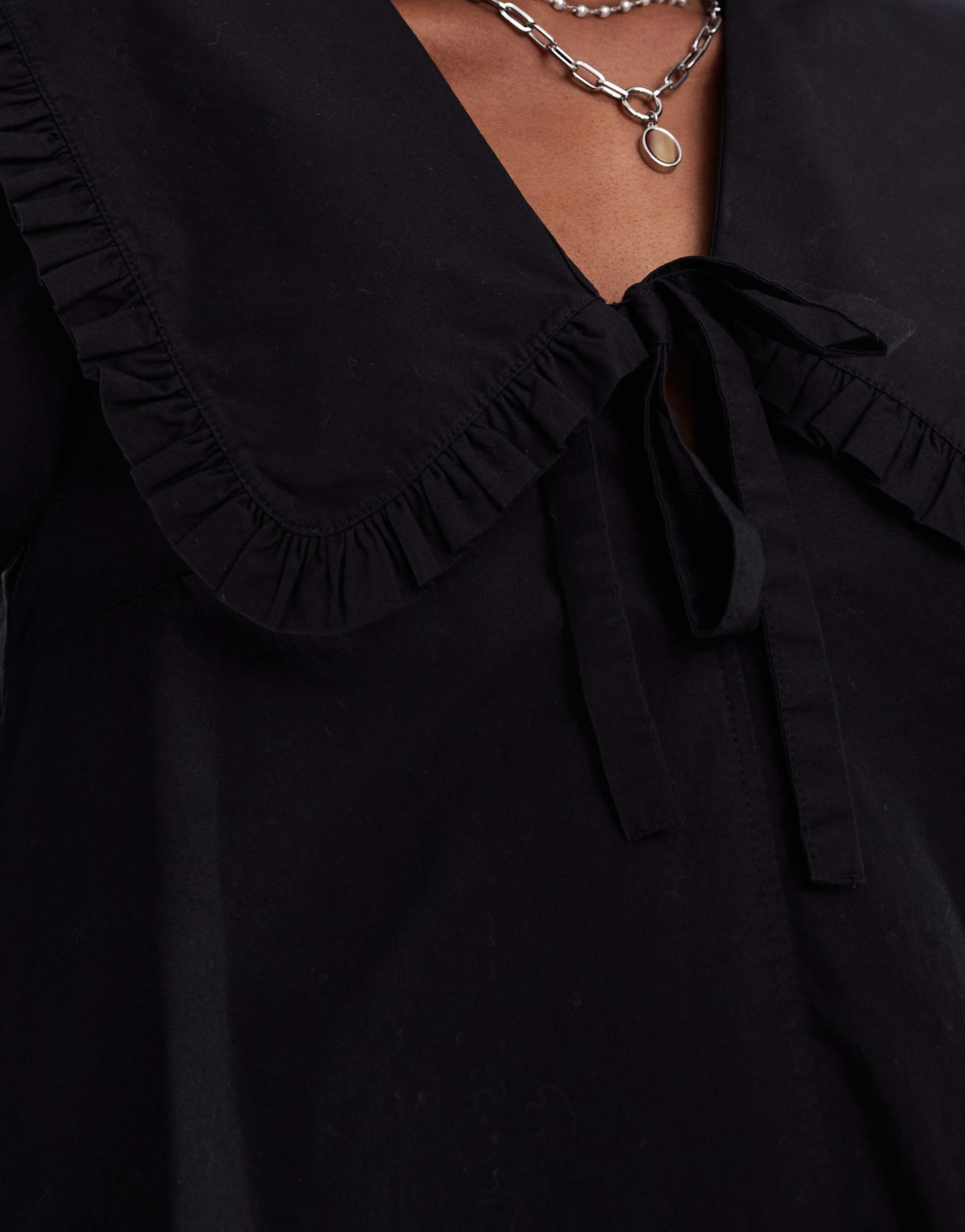 monki mini dress with tie collar and ruffle hem in black
