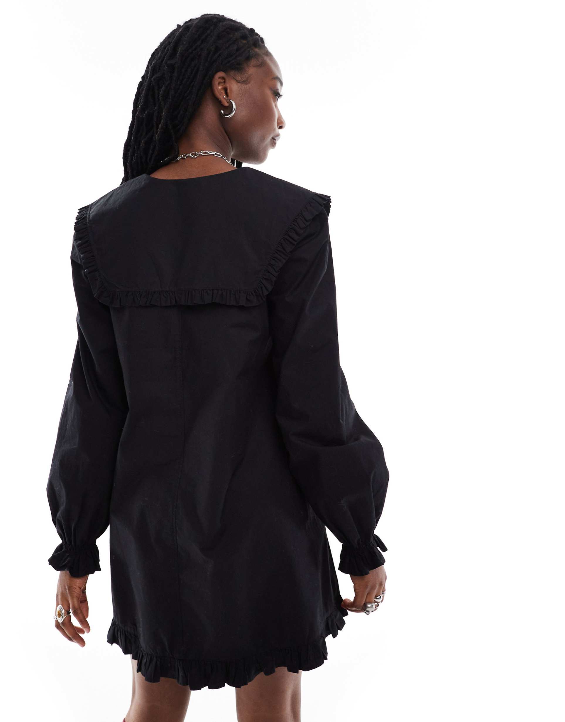 monki mini dress with tie collar and ruffle hem in black