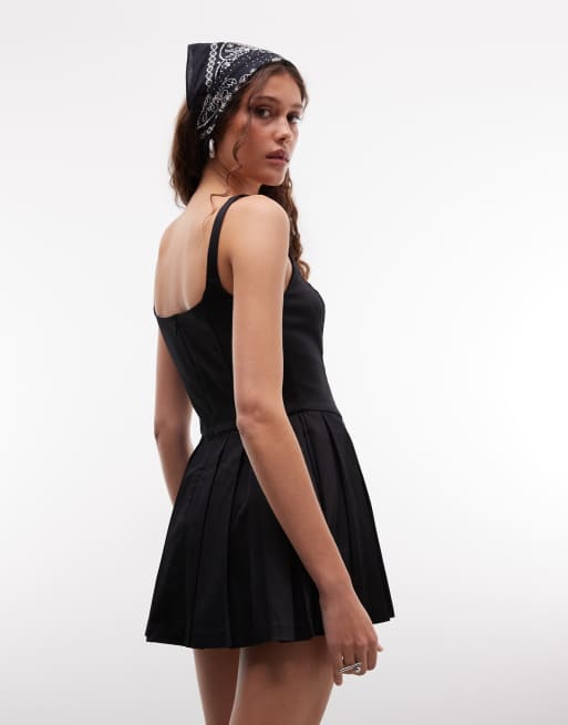 Monki mini jurk met vierkante hals en plooien in zwart, 4 van 4