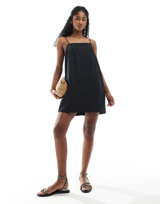 Monki - Mini jurk van katoenen poplin met strikbandjes in zwart, 2 van 4