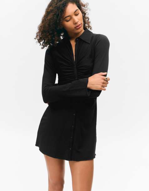 Monki - Mini-overhemdjurk met gerimpelde voorkant en lange mouwen in zwart - view 1