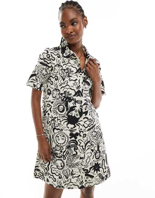 Monki - Mini-overhemdjurk met korte mouwen, knoopsluiting en zwart-witte zomerprint