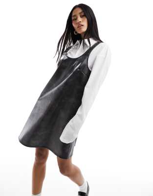 Monki Mini Pinafore Slip Dress In Distressed Black Faux Leather