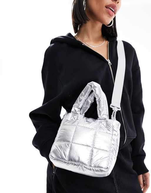 Monki mini puff sqaure bag with strap in silver metallic | ASOS