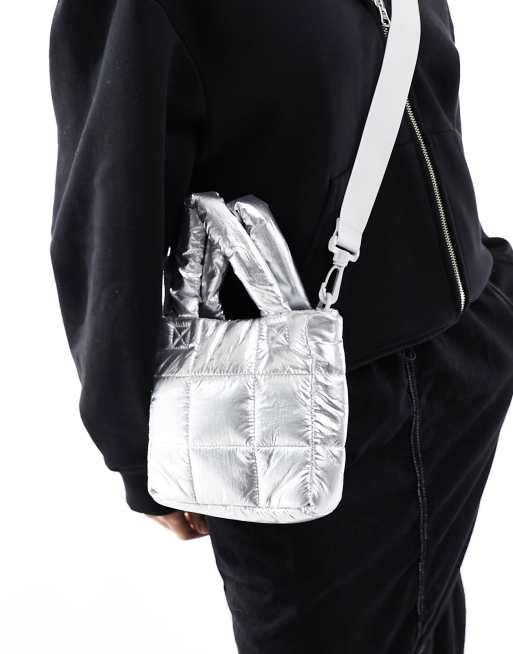 Monki mini puff sqaure bag with strap in silver metallic | ASOS