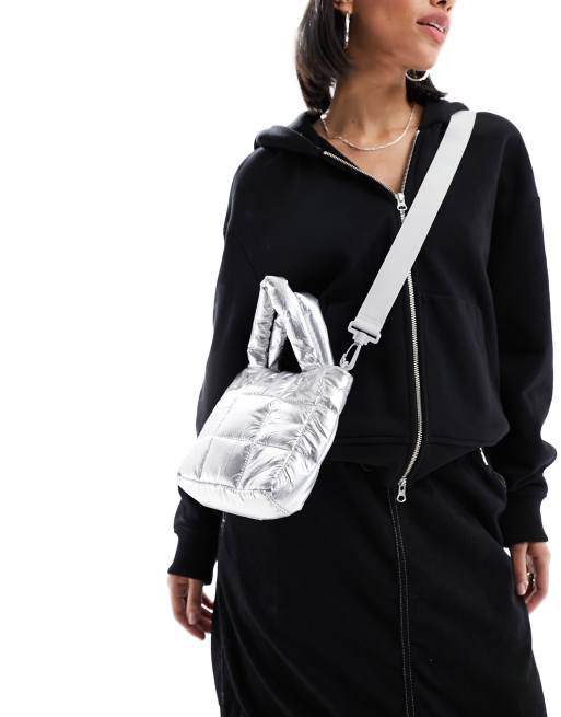 Monki mini puff sqaure bag with strap in silver metallic