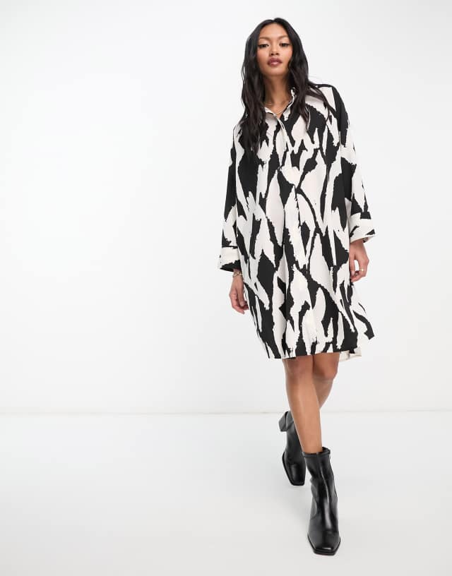 Monki mini shirt dress in black and cream print