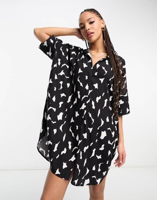 Monki mini shirt dress in black print | ASOS