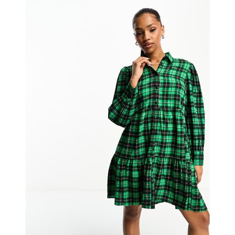 Monki mini shirt dress with tiered hem in green check | ASOS