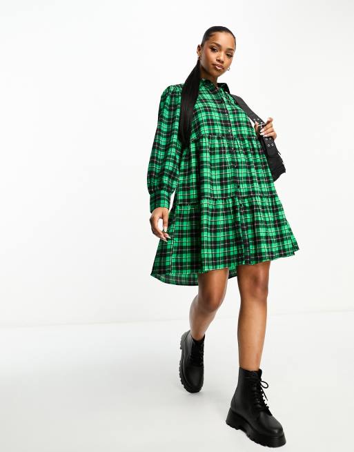 Monki mini shirt dress with tiered hem in green check | ASOS