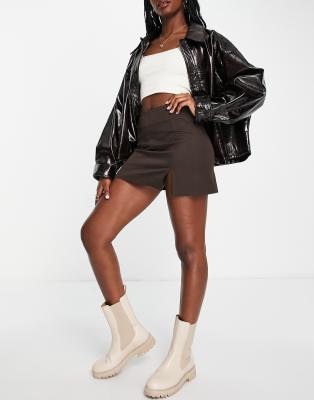 Monki mini skirt with split front in chocolate brown