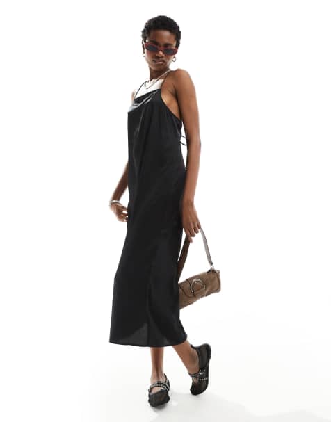 Monki mini slip sun dress with square neck and strappy back in black - view 1