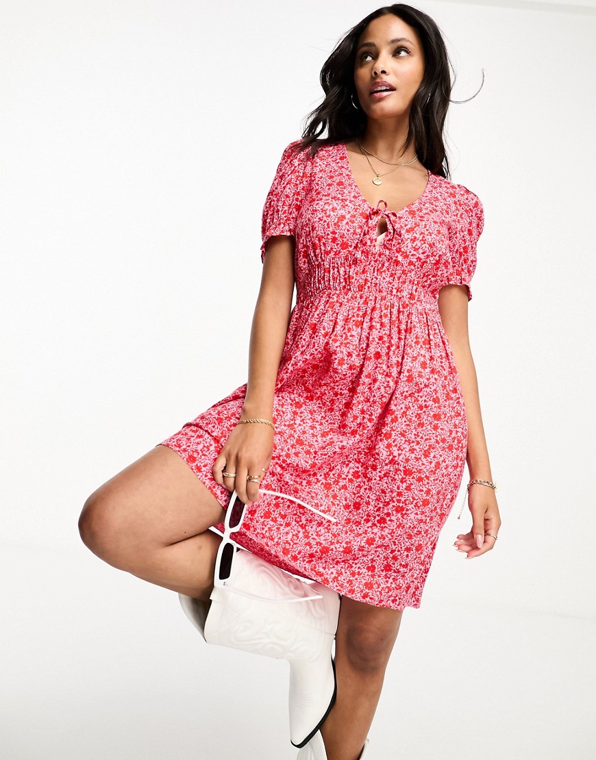 Monki mini smock dress with puff sleeves in pink ditsy floral print-Multi