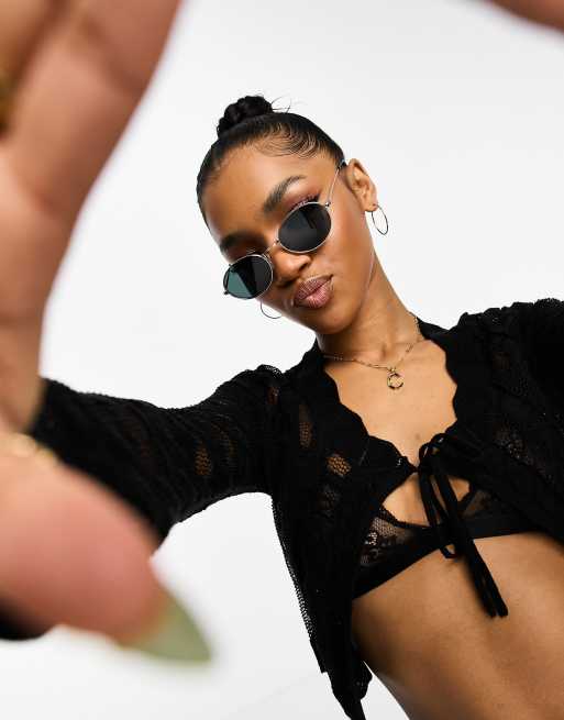 Monki mini thin oval sunglasses in black | ASOS