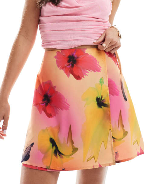 Monki mini wrap skirt with tie up side in multi hibiscus print - view 1
