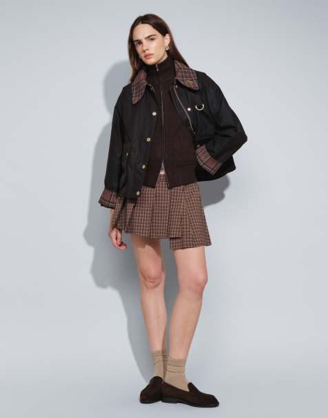 Monki - minifalda asimétrica plisada exclusiva a cuadros marrones - view 1