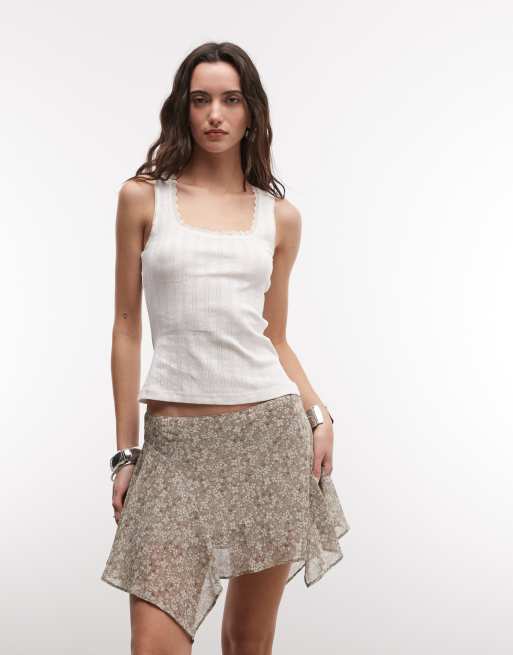 Monki - Minigonna asimmetrica in chiffon marrone e kaki a fiori, 2 di 5
