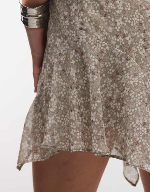 Monki - Minigonna asimmetrica in chiffon marrone e kaki a fiori, 4 di 5