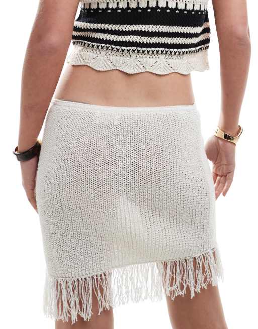 Monki - Minigonna bianco sporco in maglia con orlo con frange, 5 di 5