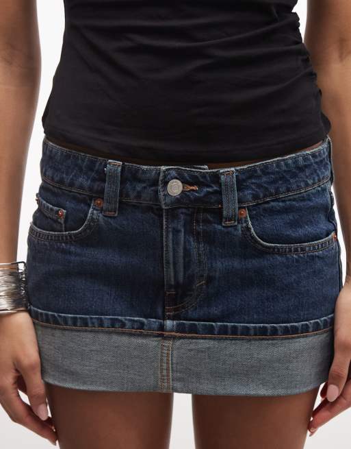 Monki - Minigonna in denim con risvolto lavaggio blu, 3 di 5