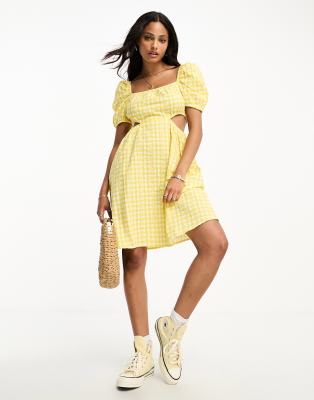 Monki - Minikjole med ballonærmer og udskæring i gule gingham-tern