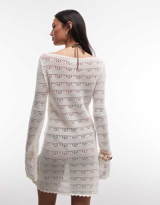 Monki – Minikleid in Weiß mit floralem Häkelmuster und ausgestellten Ärmeln, 3 von 4