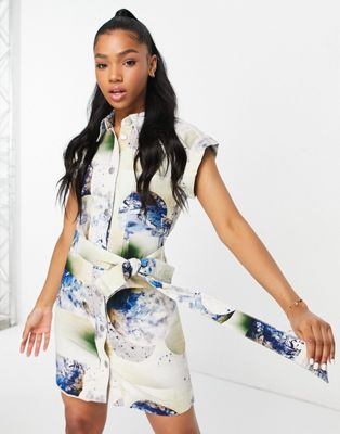 Monki mini dress with tie waist in abstract space print - ASOS Price Checker