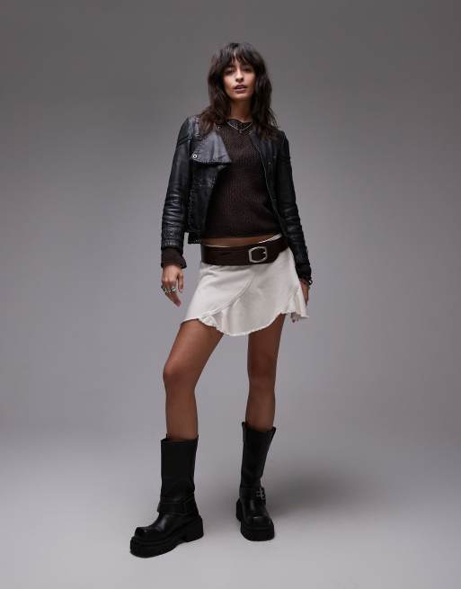 Monki – Minirock in Hellbeige mit niedrigem Bund und runden Zierausschnitten , 3 von 5