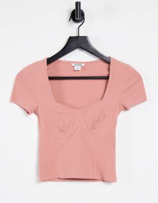 Monki - Minnie - Top in cotone con cuciture rosa - PINK