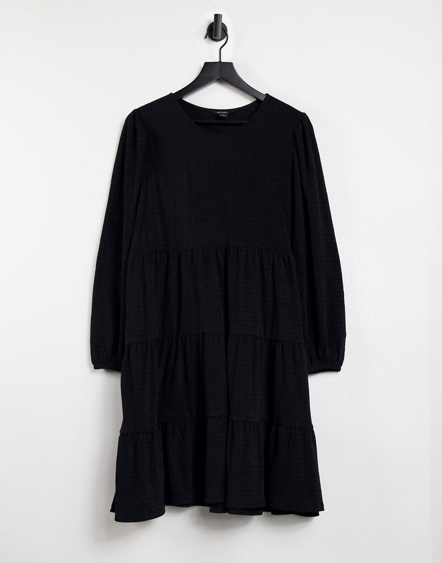 Monki Mino long sleeve tiered mini smock dress in black