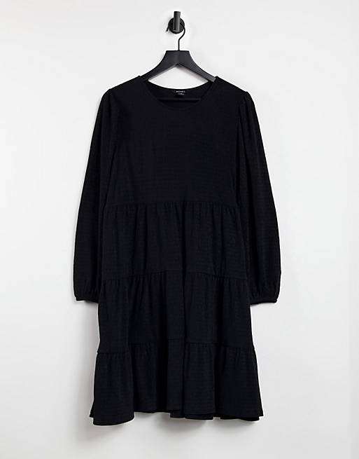 Monki Mino long sleeve tiered mini smock dressin black
