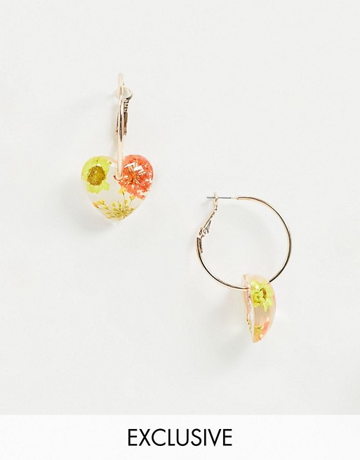 Monki Mirabella heart hoop earrings with flowers in red and yellow