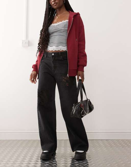 Monki - Missy - Jean ample à taille basse avec découpe à dentelle - Noir , 3 de 5