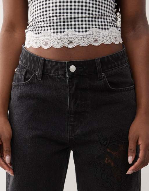 Monki - Missy - Jeans ampi a vita bassa neri con cut-out in pizzo , 5 di 5