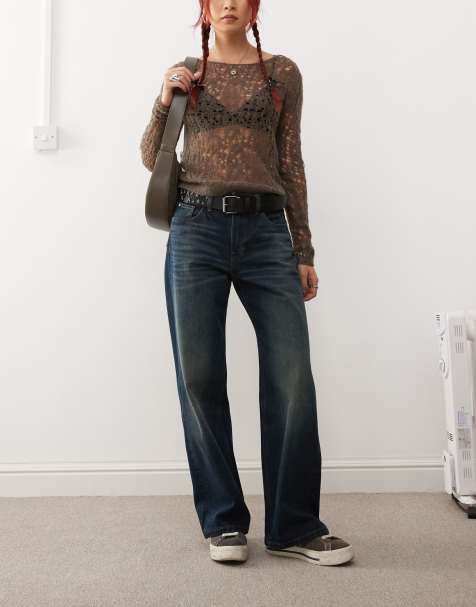 Monki – Missy – Weite, schlichte Jeans mit niedrigem Bund und Waschung in Raven-Blau - view 1