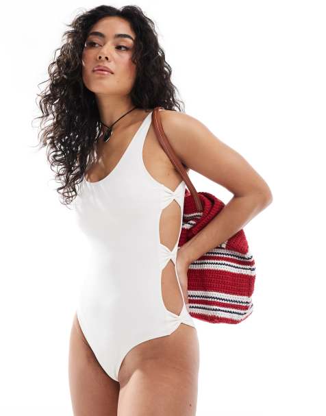 Monki – Mix and Match – Badeanzug in Weiß mit Zierausschnitt und Schleifendetail, exklusiv bei ASOS - view 1
