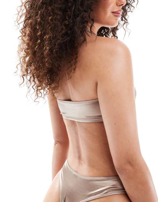 Monki mix and match bandeau bikini top in metallic gold, 2 of 4