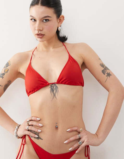 Monki – Mix and Match – Bikini in Dunkelrot mit seitlicher Schnürung - view 1