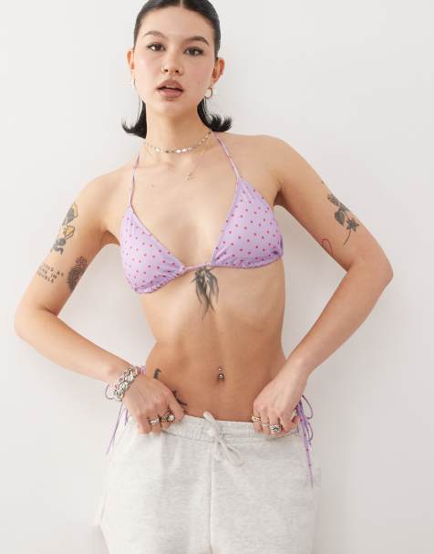 Monki - Mix and Match - Bikini triangle noué avec bas avec liens à nouer - Violet lilas et rouge à pois - view 1