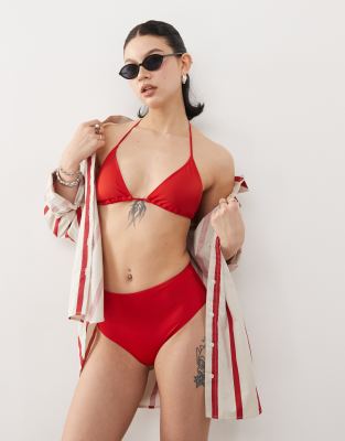 Monki - Mix and Match - Bikinihose in Dunkelrot mit hohem Bund