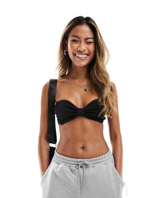 Monki mix and match bow front bandeau bikini top in black, 2 of 4