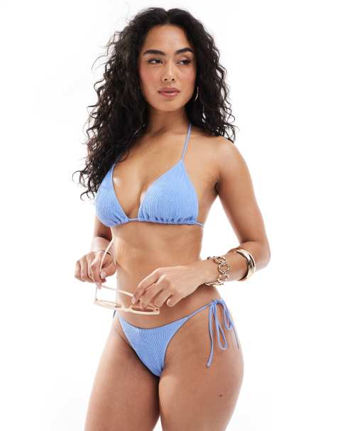 Monki Mix and Match crinkle tie up triangle bikini top and bottoms in blue exclusive to ASOS - view 1