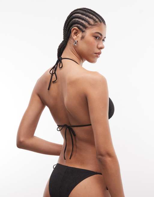 Monki mix and match crinkle tie up triangle bikini top in black, 4 of 4