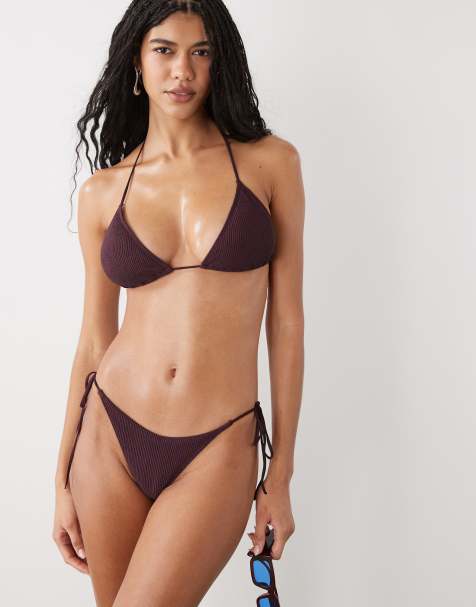 Monki mix and match crinkle triangle tie up bikini in plum - view 1