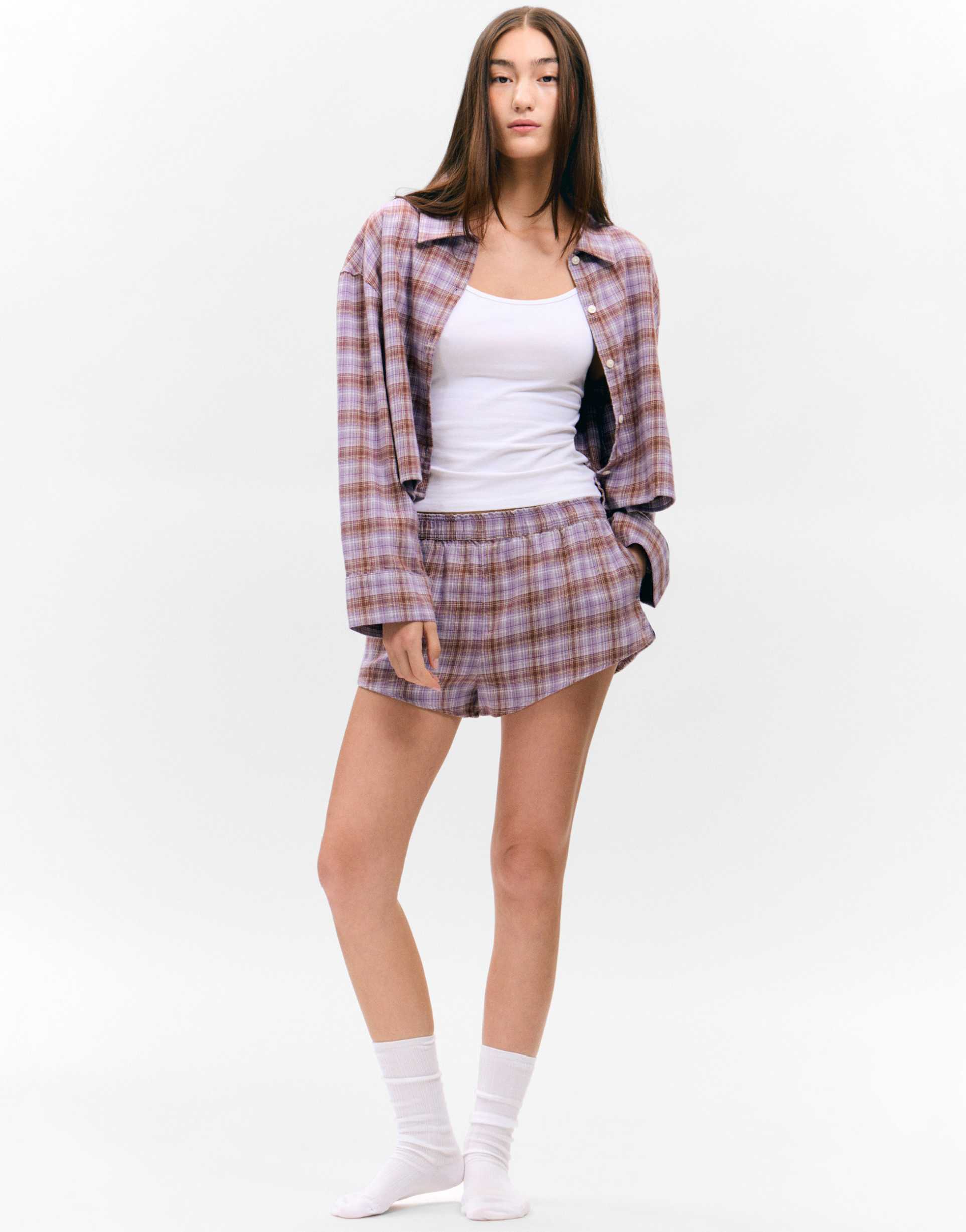 monki mix and match flannel pajama boxer shorts in lilac check