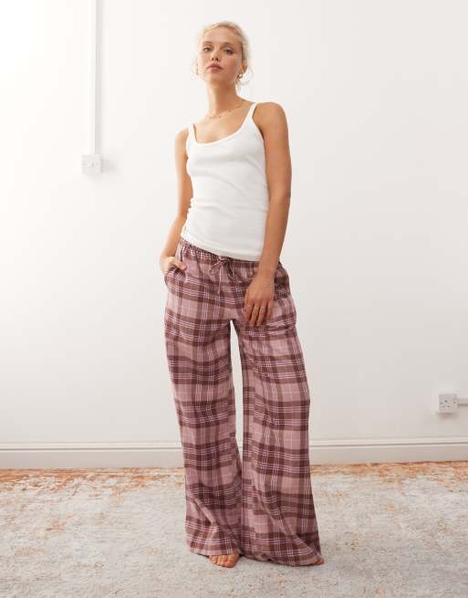 Monki mix and match flannel pajama pants in burgundy check
