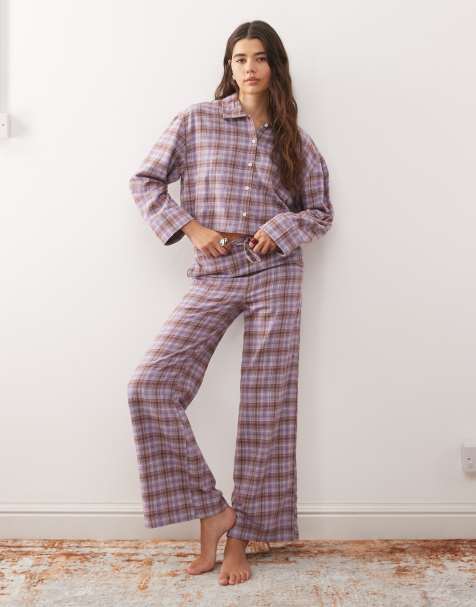 Monki mix and match flannel pajama pants in lilac plaid - view 1