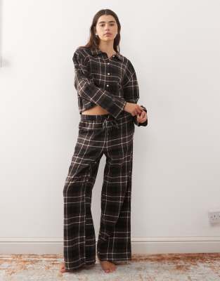 Monki Mix And Match Flannel Pajama Shirt Top In Brown