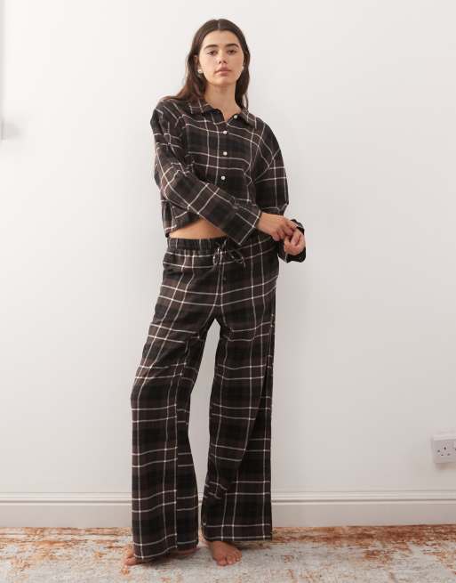 Monki mix and match flannel pajama shirt top in brown check, 2 of 4
